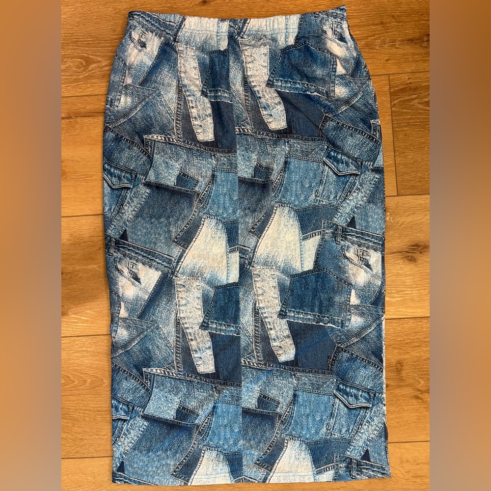 New SHEIN Printed Patchwork Light Denim-look Straight Knit Skirt XL - Picture 2 of 6